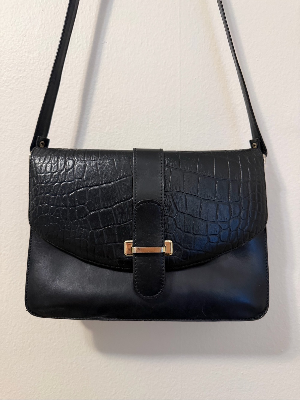 Classic Black box leather with croc- embossed flap